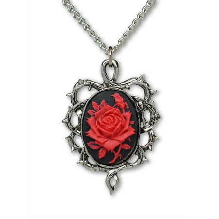 Medal Jewelry - Gothic Red Rose Cameo In Silver Finish Thorn Frame Cosplay Jewelry Pendant Necklace by Real Metal Jewelry