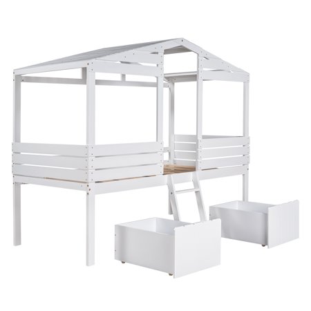 Low Loft Wood House Bed with Two Drawers White