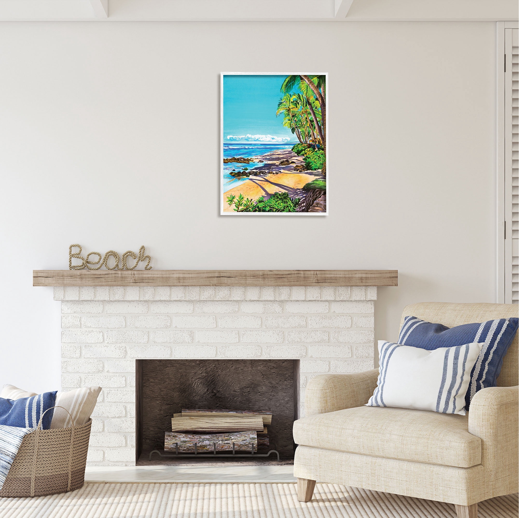 Stupell Industries Tropical Shore Landscape Nature Painting White Framed Art Print Wall Art, 24 x 30