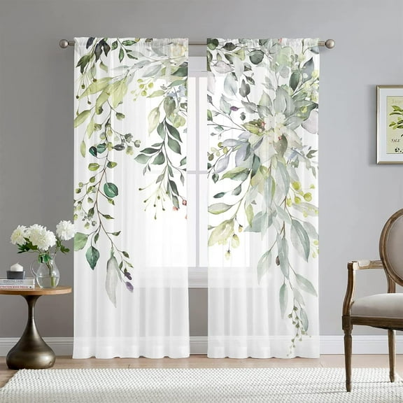 Green Eucalyptus Leaves Sheer Curtains for Living Room 84 inch Length 2 Panels Set Elegant Wild Flower Floral Spring Printed Window Curtain Natural Chiffon Drapes for Bedroom