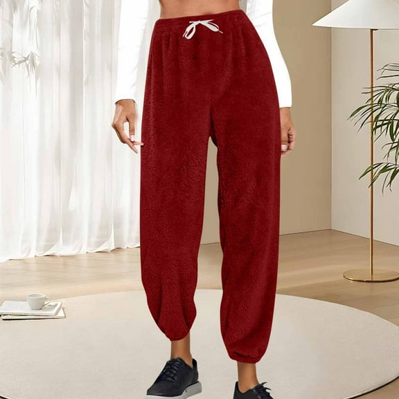 HongQid Plush Warm Pajama Pants, Fluffy Soft Fleece Sleep Pant Tapered with Pockets Lounge Pj Bottoms for Women