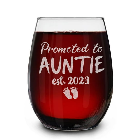 Shop4Ever® Promoted To Auntie Est 2023 Engraved Stemless Wine Glass Gift for First Time Aunt, New Auntie, Aunt to Be