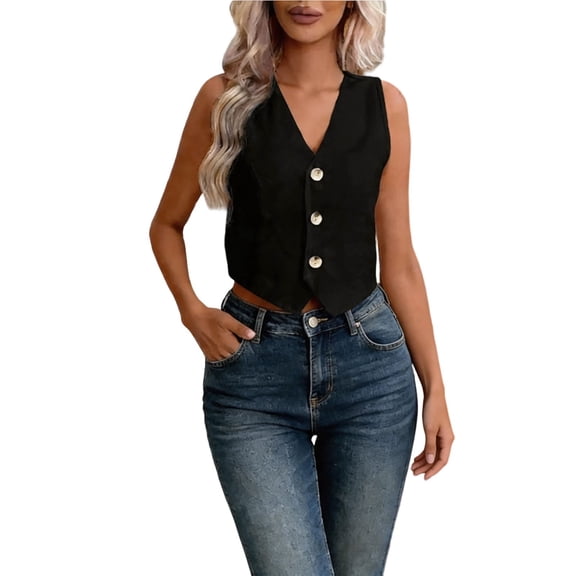 WGRFFH Women's Cropped Vest Top,V Neck Sleeveless Button Front Waistcoat,Business Casual Vest,Summer Outfit,Regular Fitted Suit Vest,Business Dress Button Down Waistcoat Black