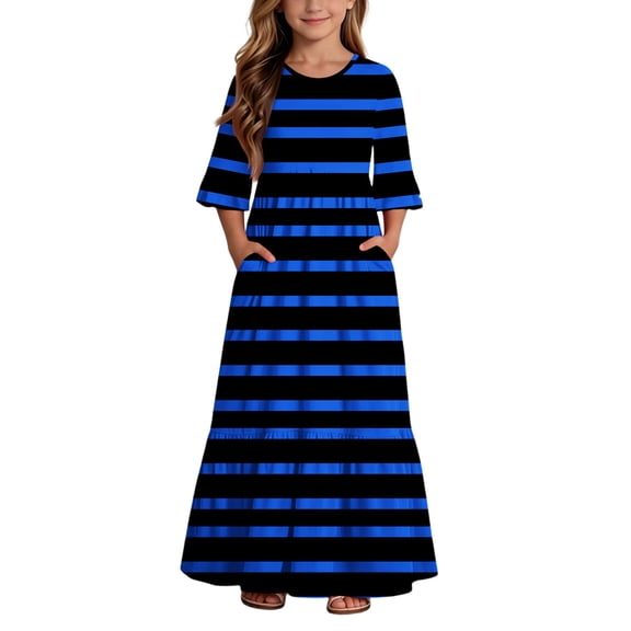BLTIBY Boho Dresses for Girls Striped Printed Crew Neck Maxi Dress Summer Dresses with Pockets Blue 7-8 Years