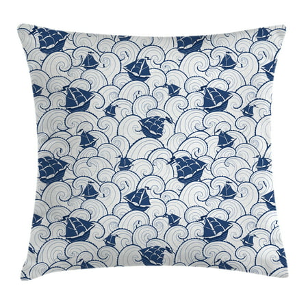 Nautical Decor Throw Pillow Cushion Cover, Ship on Marine Spiral Waves Cruising Boat on Ocean Journey Sea Illustration, Decorative Square Accent Pillow Case, 16 X 16 Inches, Blue White, by