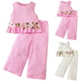 thumbnail image 1 of Faraee Infant Baby Toddler Girl 2 Piece Clothes Flower Linen Summer Outfits Sleeveless Ruffle Halter Tops Wide Leg Pants Kids Clothing Set 2-7 Years Pink, 1 of 9