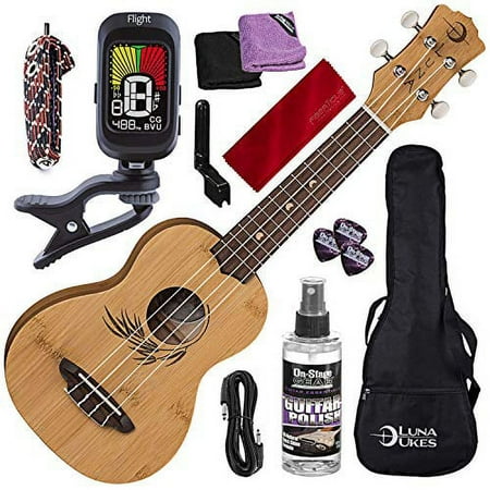 Luna Bamboo Concert Ukulele, UKE BAMBOO C with Elastic Flat Capo and Accessory Pack