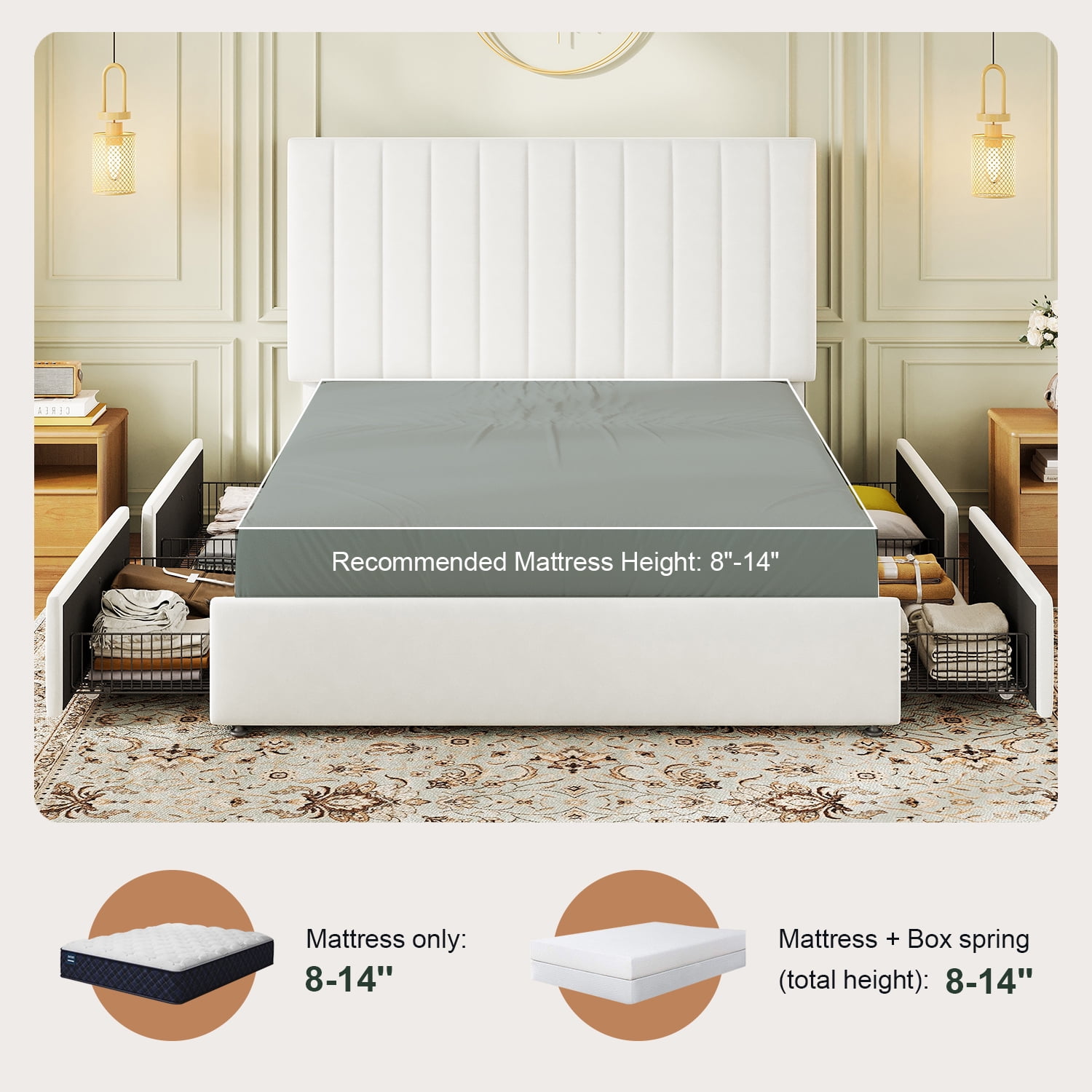 Amolife Full Bed Frame with Adjustable Velvet-Wrapped Headboard and 4 Storage Drawers, No Box Spring Required, White