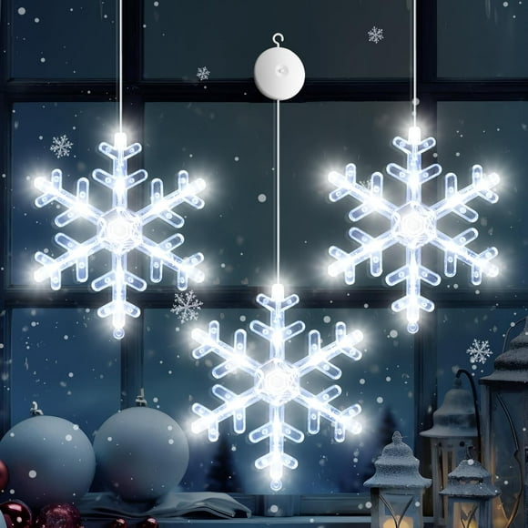 LAICAIW 3Pcs Décorations de Lumières de Fenêtre de Noël, Batterie Alimenté Fenêtre de Noël Suspendu Blanc Éclairé Flocon de Neige en Forme de Ventouse Lampe Fenêtre Intérieure Décor Extérieur
