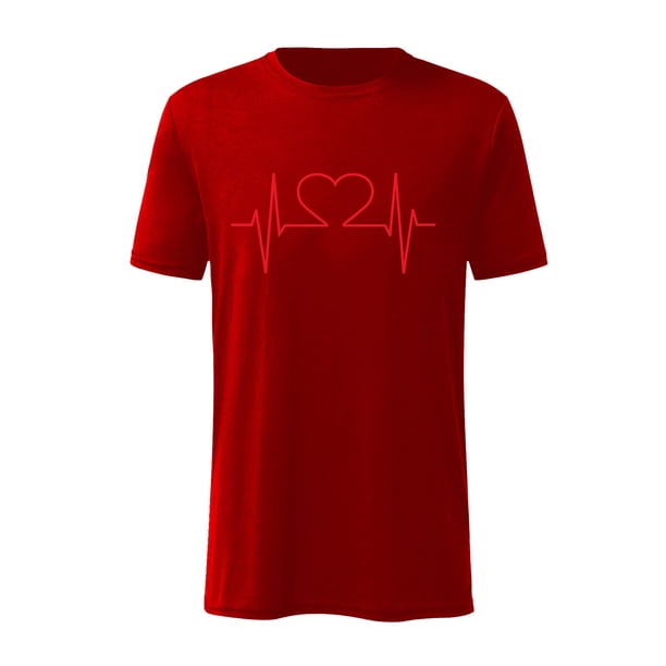 Camiseta con estampado de cardiograma de amor de color sólido de manga corta informal para el día de San Valentín Pompotops oipoqjl3849