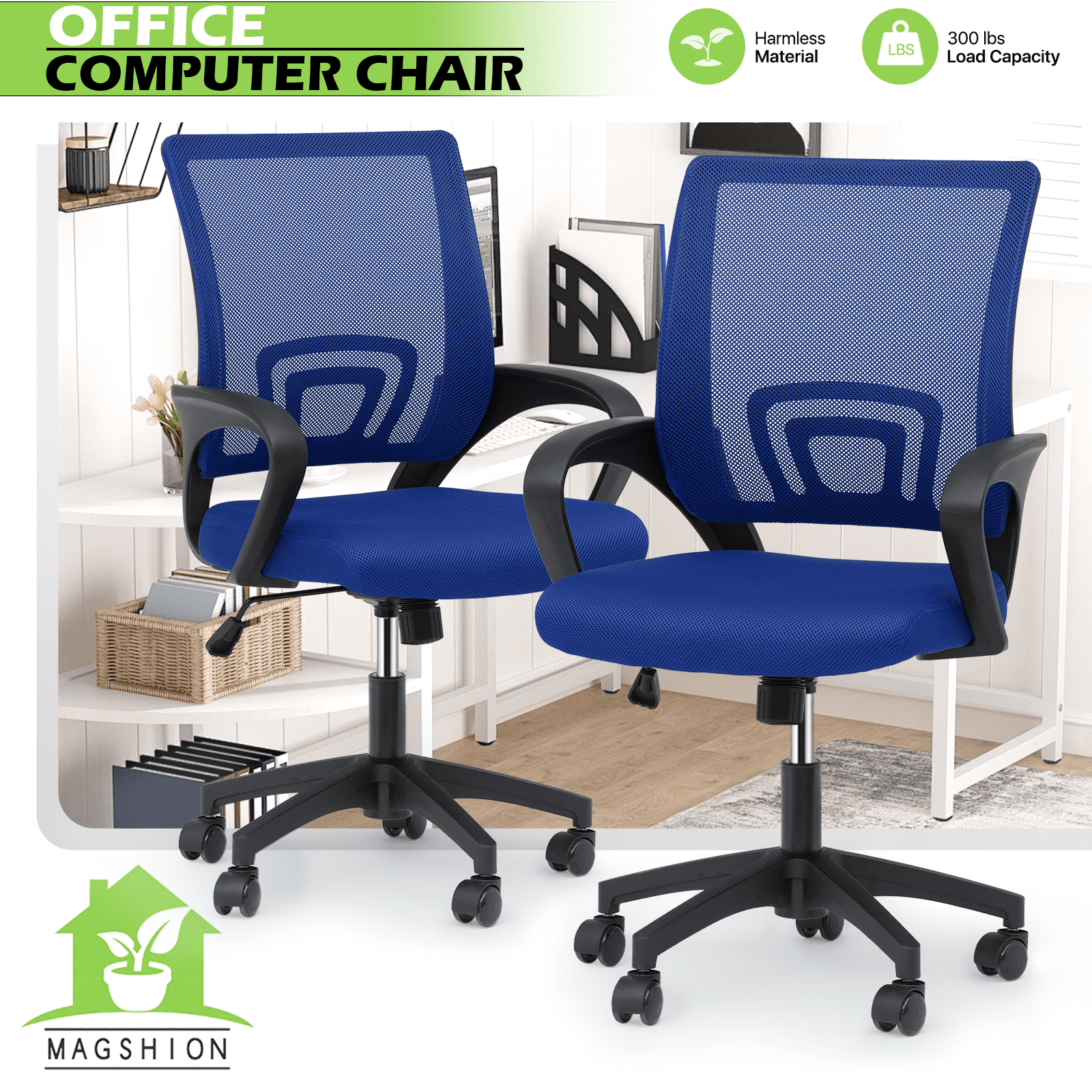 Magshion Set of 2 Office Chairs Mid Back Swivel Desk Chairs, Height Adjustable Ergonomic Mesh Computer Chairs with Armrest & Lumbar Support, Navy Blue