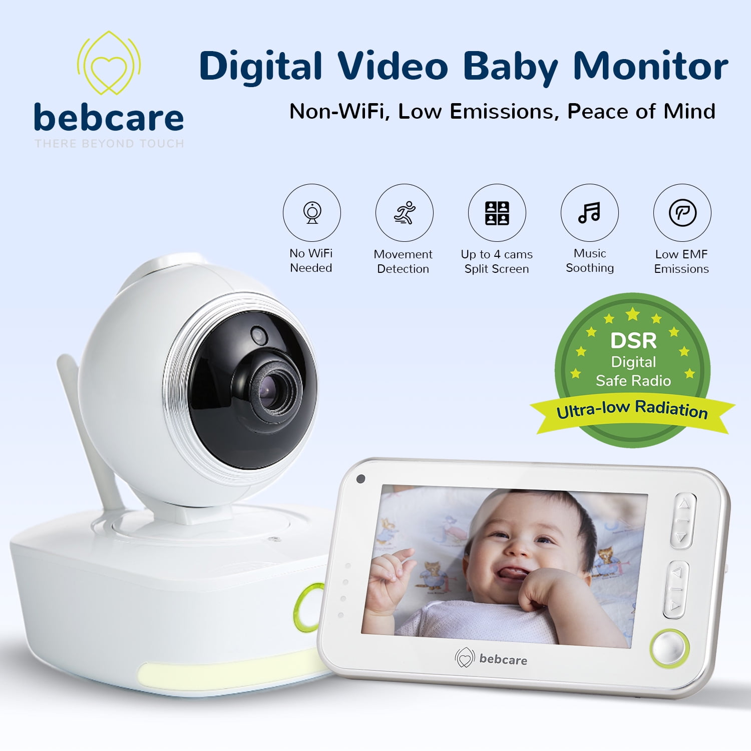 Bebcare Motion Digital Low EMF Emissions Video Baby Monitor with 4.3" True Color Screen, Non-WiFi, Temperature, Movement Detection, Night Light, Music Lullabies, up to 4 Cams
