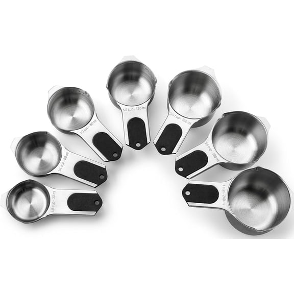 EnjinZZ Magnetic Stainless Steel Measuring Cups (Patent Pending), Kitchen Tools with Easy to Read Markings for Measuring Dry or Liquid Ingredients, Set of 7, Black