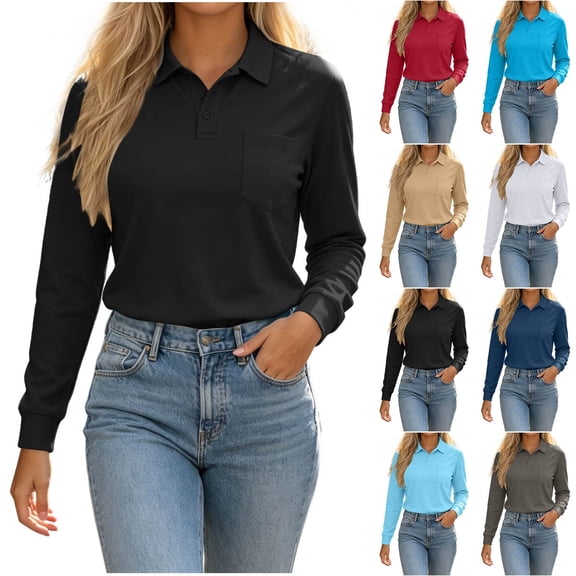 Women's Lapel Collar Long Sleeve Polo Shirt,Chest Pocket Soft Casual Work Top,Black,Women's Plus Size L