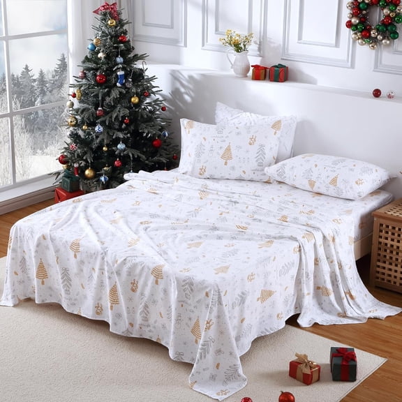 Christmas Sheets, Soft Brushed Microfiber Bed Sheet Set,Inches Deep Pocket Fitted Sheet Winter Holiday Sheets Set