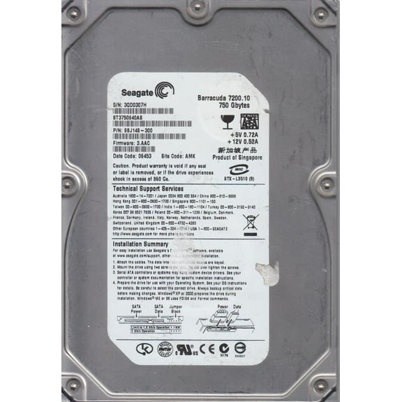 ST3750640AS, 3QD, AMK, PN 9BJ148-300, FW 3.AAC, Seagate 750GB SATA 3.5 Hard Drive