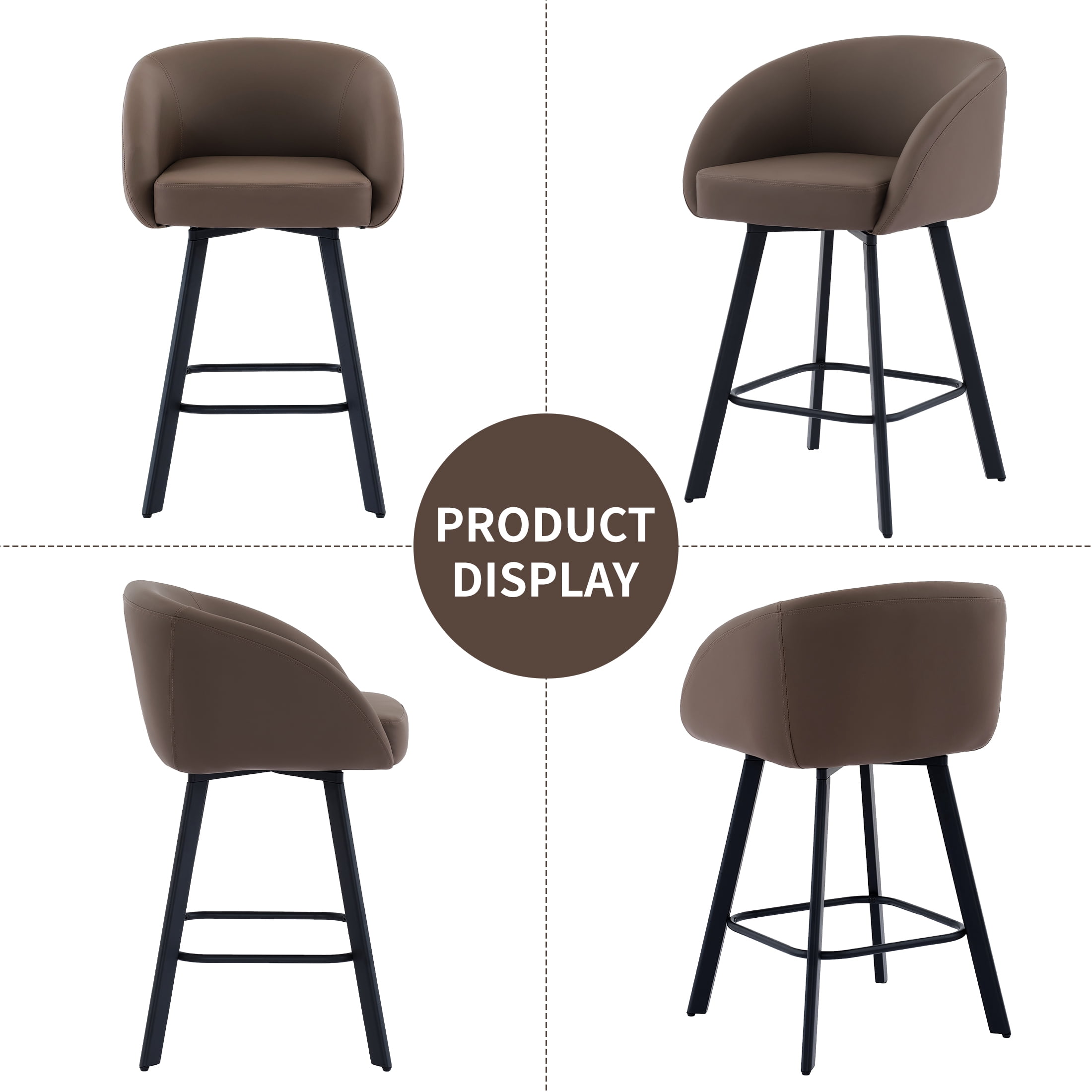 FIRAVOE Bar Stools Set of 2, Swivel Counter Height Bar Stools with Back & Arms (26") Faux Leather Bar Chairs for Kitchen Island, Coffee Brown