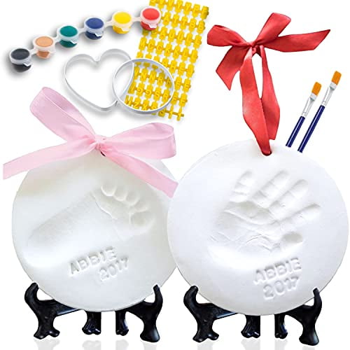 Baby Ornament Keepsake Kit (Newborn Bundle) 2 Easels 4 Ribbons & Letters! Baby Handprint Kit And Footprint Kit Clay Casting Kit For Baby Shower Gifts Boys & Girls