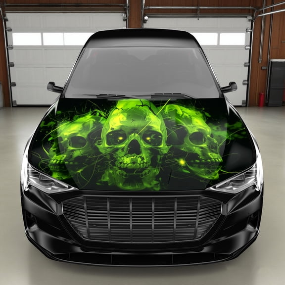 Glowing Green Skull Car Hood Wrap - Dark Neon Glow-in-the-Dark PVC Vinyl Sticker, Waterproof & Scratch-Resistant Self-Adhesive Decal with Glowing Eyes, Fit for Cars, Trucks, SUVs - Easy Application &