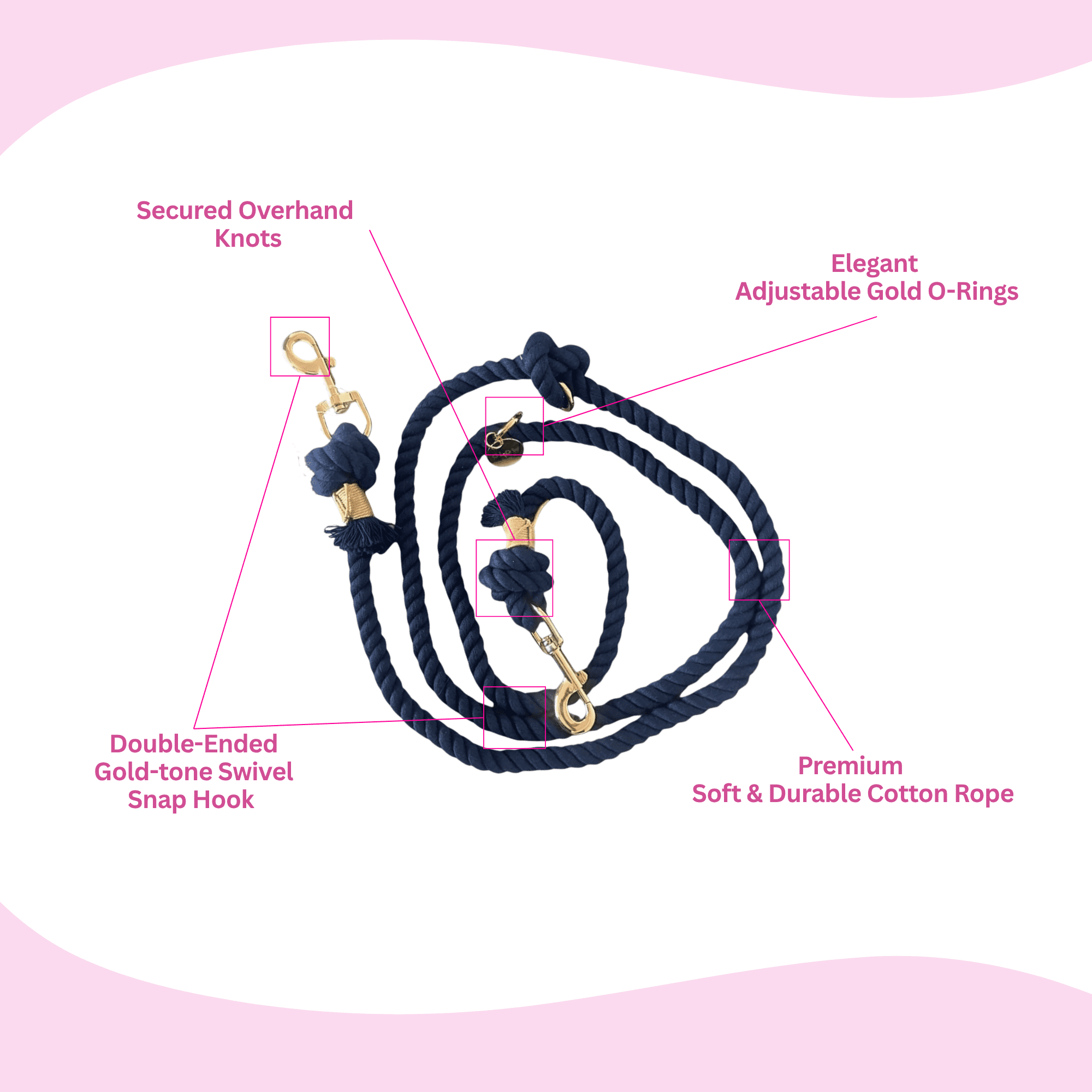 Hands Free Cotton Rope Dog Leash with Gold Hardware, Heavy Duty Training Lead (Navy Blue)