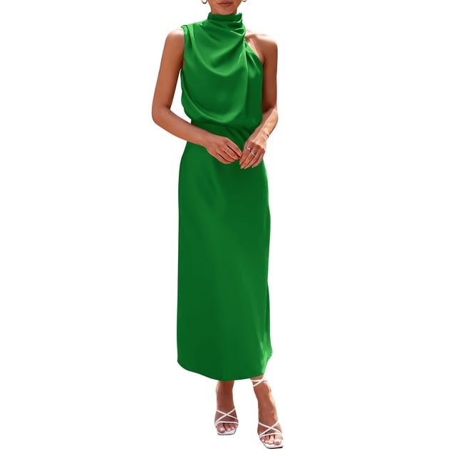 Vestido PRETTYGARDEN 2025 de satén sin mangas con cuello simulado verde grande