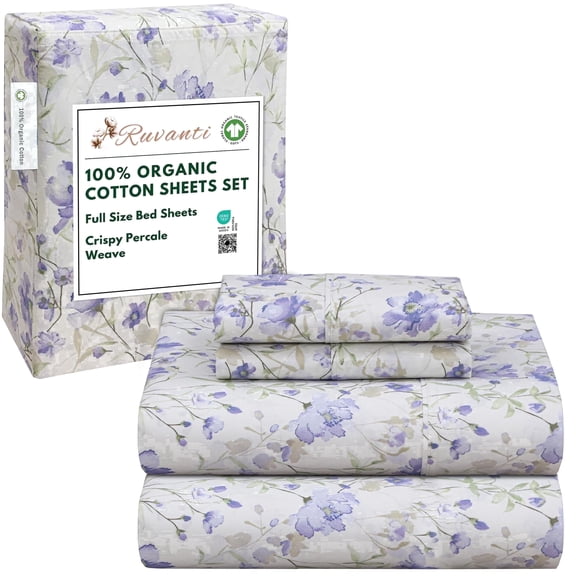 RUVANTI 100% Organic Cotton Sheets - Full Size bed sheet - 4 Piece Percale Weave Bedding, Crisp, Cooling & Breathable, Soft & Durable, 16" Deep Pocket, Hotel Quality Sábanas - Heather