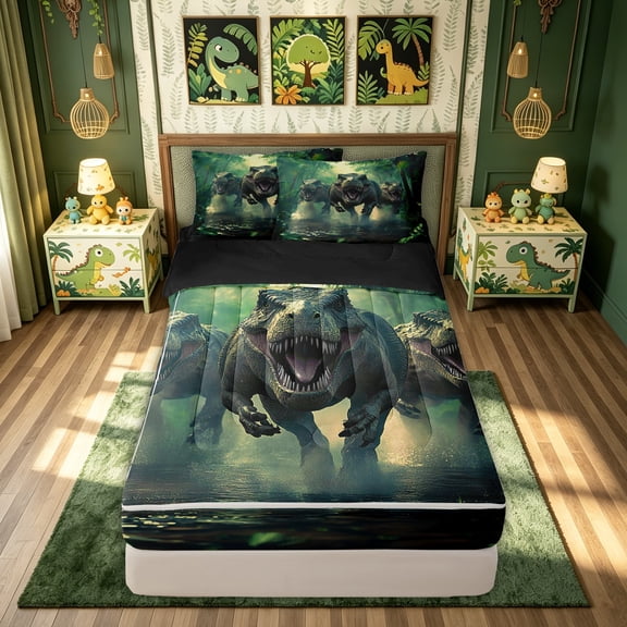 meiyoeat 3D Rustic Dino Family Zipper Twin Comforter Sets with Fitted Sheet and 2 Pillowcases for Kids Boys, Green Jungle Dinosaur Zipper Bedding Set, Black ReversibleB