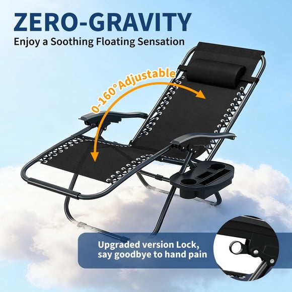 QinaQin Silla zero gravity para exterior con almohada y charola portavasos, reclinable y plegable, ideal para patio, playa, jardín o camping, cómoda y fácil de transportar