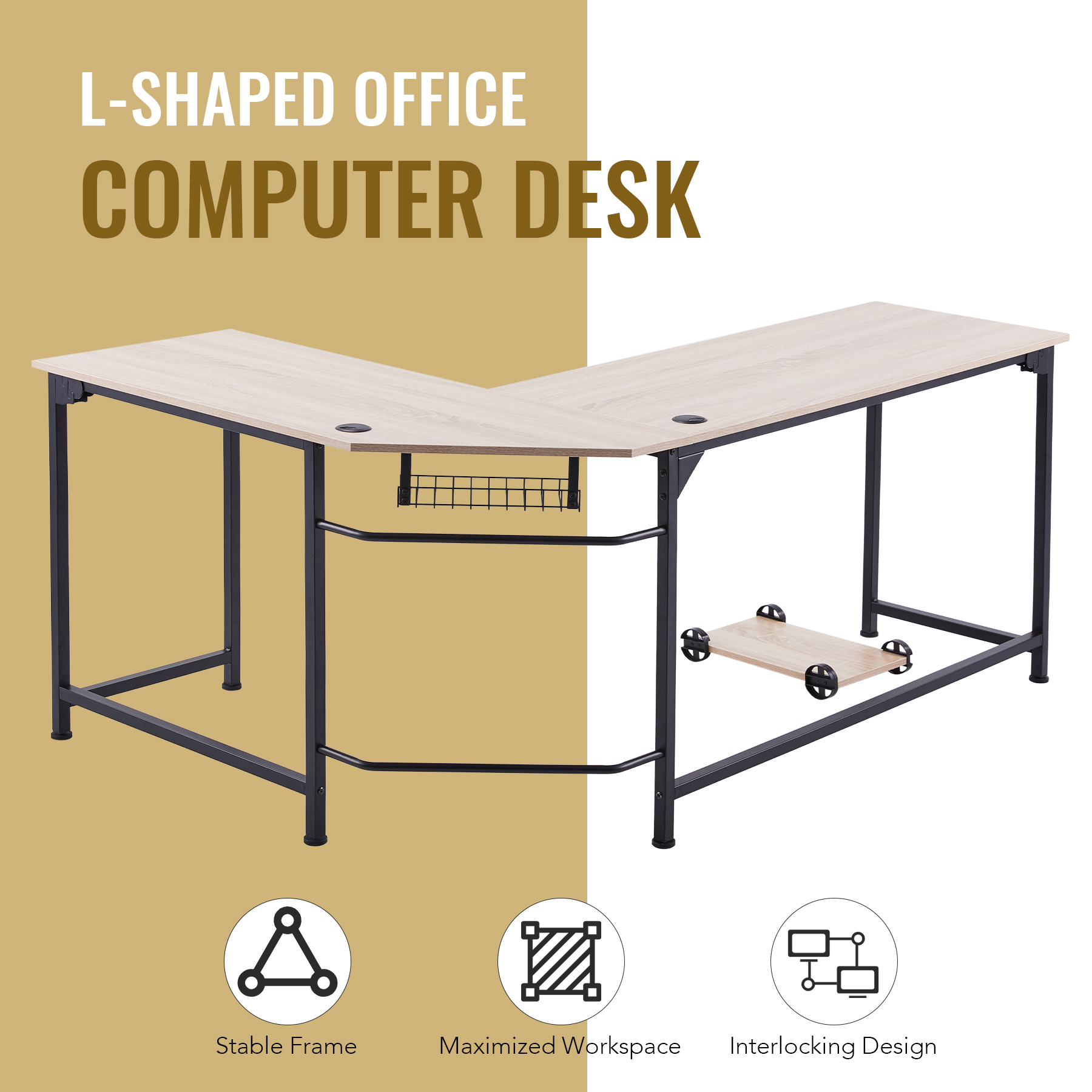 L Shaped Computer Corner Desk with Tower Shelf & Cable Management, Oak