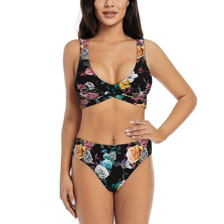 Womens Bikini Sets Two Piece  Hibiscus Rose Cross Design Swimsuit High Waisted Bathing Suit For Women 2024