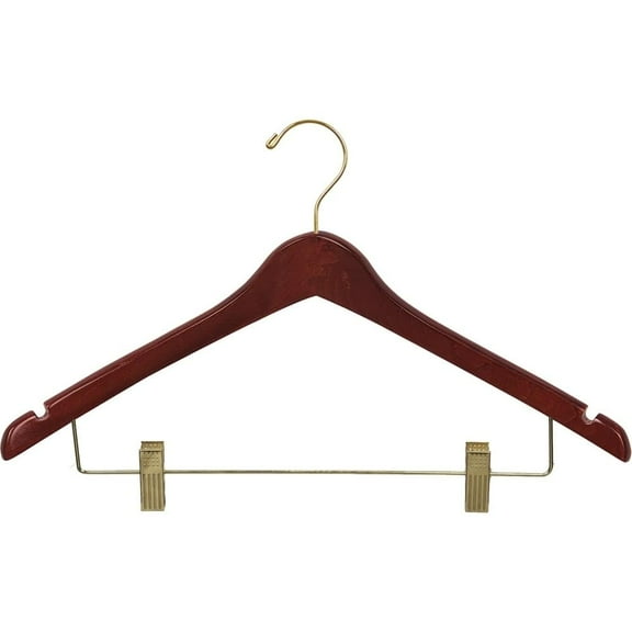 The Great American Hanger Company Curved Wooden Combo Hanger with Walnut Finish and Adjustable Cushion Clips, 1/2 Inch Thick Hangers with Brass Hook &