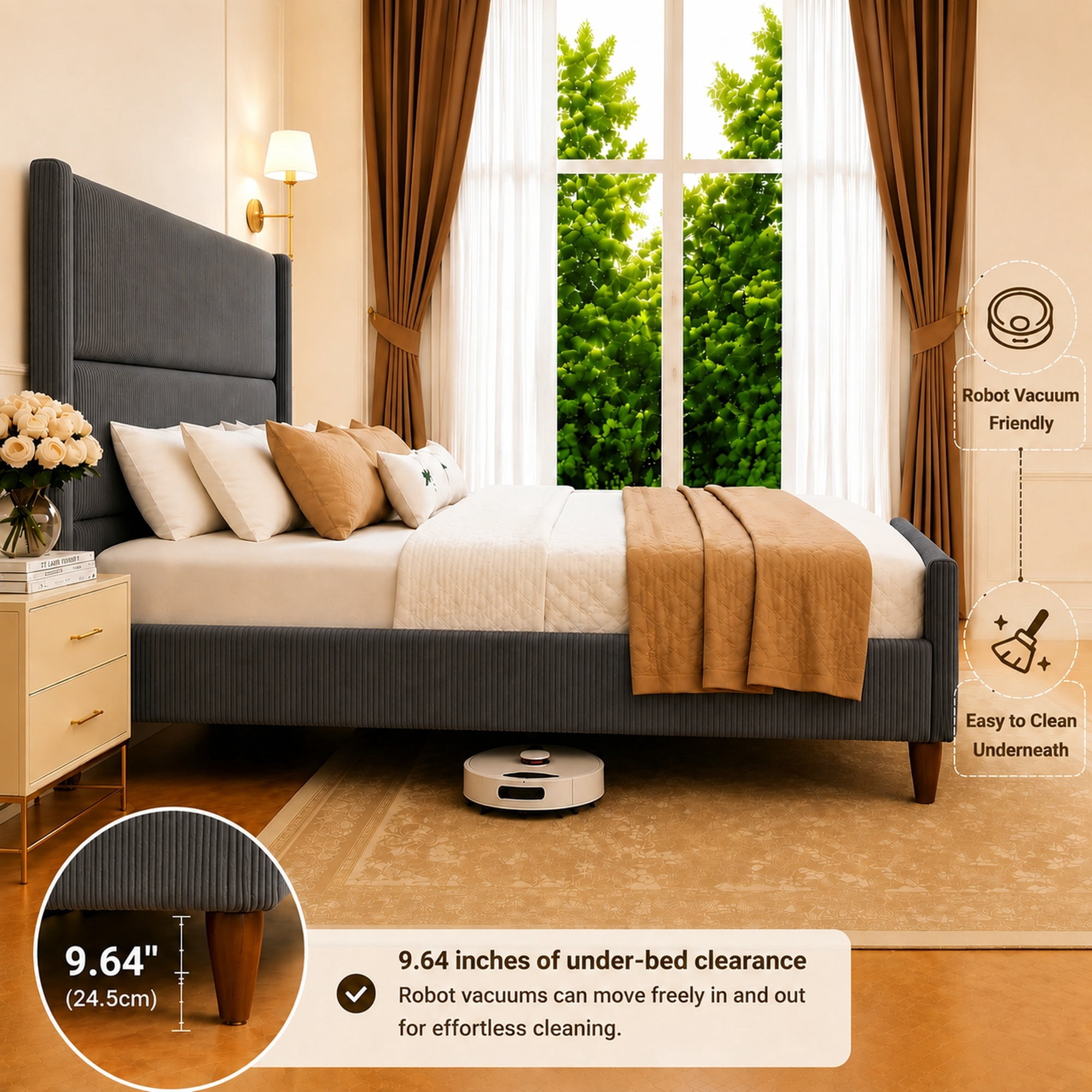 Leumius Full Size Bed Frame with Padded Headboard, Luxury Thick Base Bed with Extra-high Wingback Vertical Stripes, Sturdy Solid Wood Slats and Legs,Dark Gray