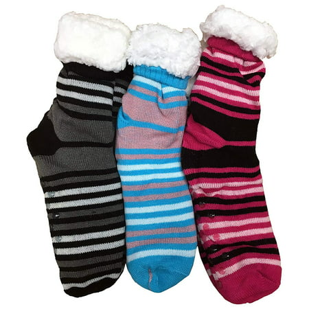 Prestige Edge 3 Pairs of Sherpa Fleece Lined Slipper Socks, Gripper Bottoms, Best Warm Winter Gift (Assorted