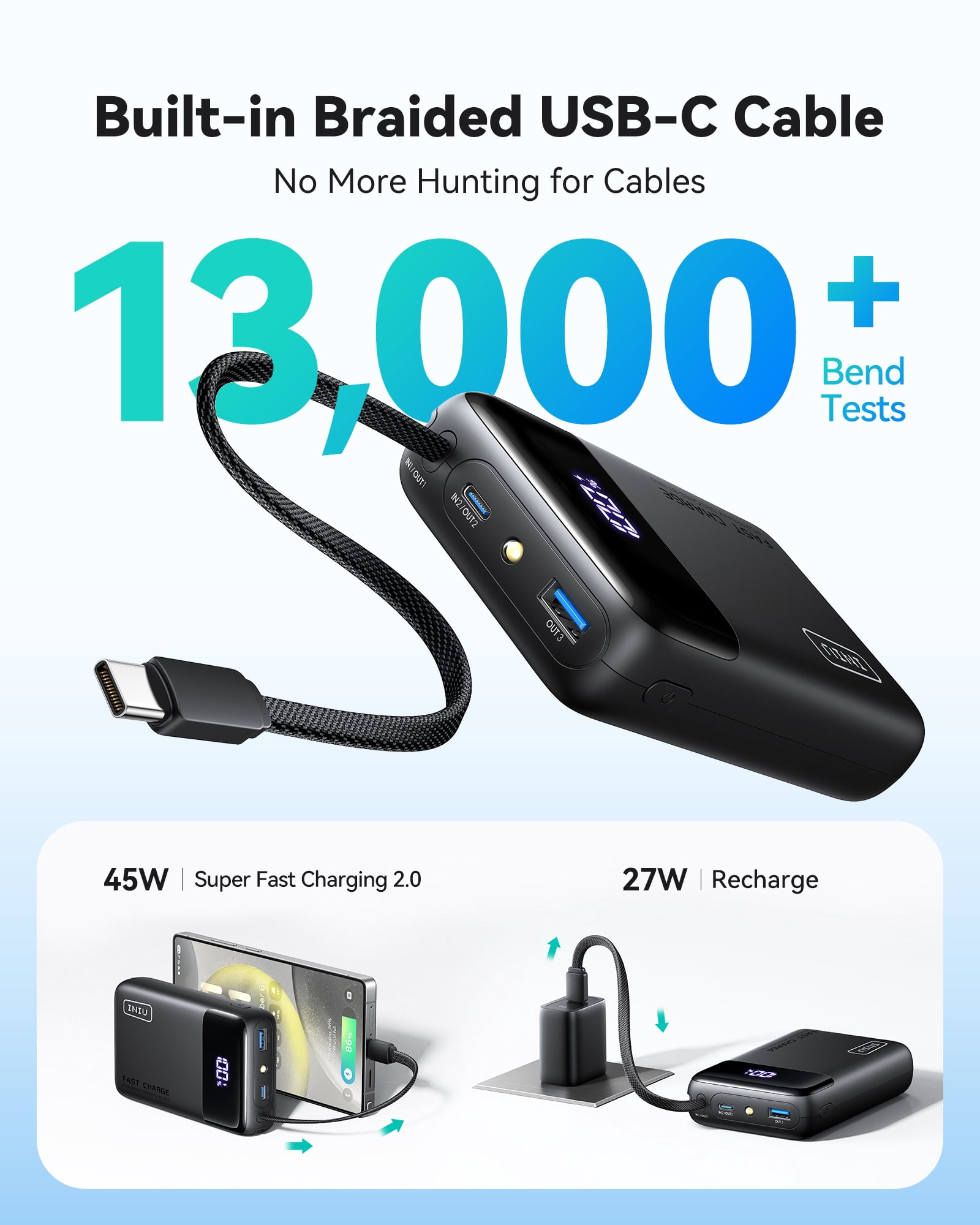 INIU 20,000 mAh Portable Power Bank with Built-in Cables, 45W Fast Portable Charger with USB-C, Battery Pack with LED Display Compatible with iPhone and Android Phone,Hiking,Travel Essentials,Black