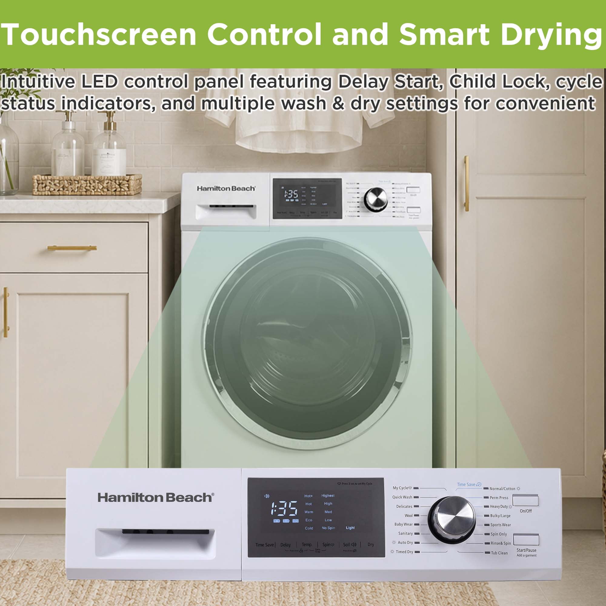 Hamilton Beach 2.7 Cu. ft. Front Loading Washer and Dryer, All-In-One Washer-Dryer Combo with 12+ Wash Programs, 800 RPM Spin Speed, White