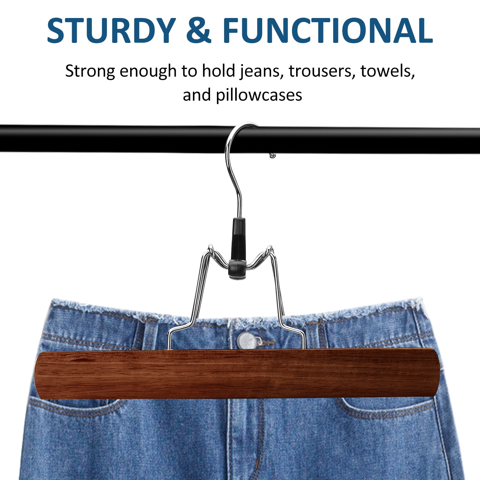 BagDream 12 Pack Wooden Pants Hangers with Clips, Smooth Finish Solid Wood Non Slip Skirt Hangers Jeans Slack Clamp Hanger, Walnut