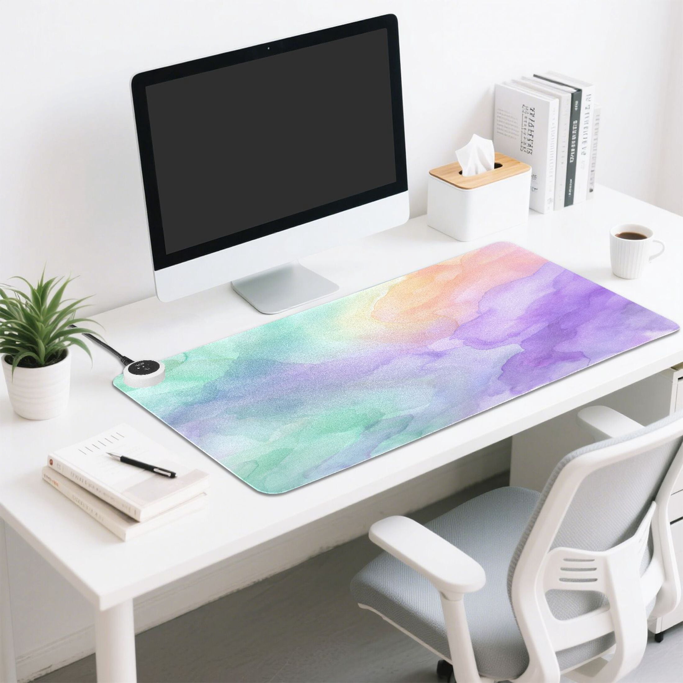 Large Heated Desk Mat Mouse Pad 31.5"x13"PU Leather Graphene Heating Desk Warmer with 3 Temperature Settings 110V US Plug Non-Slip Warm Pad for Home, Office, and Gaming Mint Peach Lavender Wash