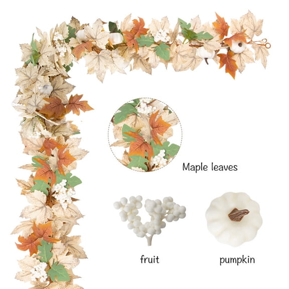 Qndoxp Cream Maple Leaf Garland with White Pumpkins and Berries Artificial Neutral Fall Vine Swag for Mantel Stair Farmhouse Thanksgiving Decor