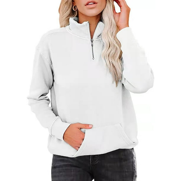 Women Long Sleeve Pullover Sweatshirt Lady Zippered Tops Stand Collar Pure Color for Winter for Party for School ANGGREK Otros Walmart en linea