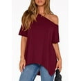thumbnail image 3 of PRETTYGARDEN Off The Shoulder Tops for Women Summer Short Sleeve Asymmetrical Oversized Tee Shirts Casual Spring Clothes, 3 of 10