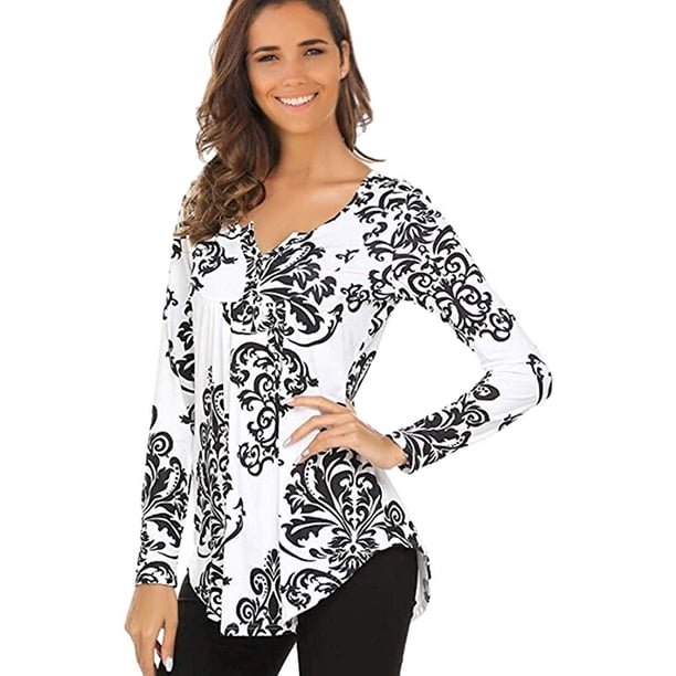 Blusa Henley informal plisada con cuello en V y manga larga estampada para mujer Tops-Black1 Adepaton CZMR-ST264-2