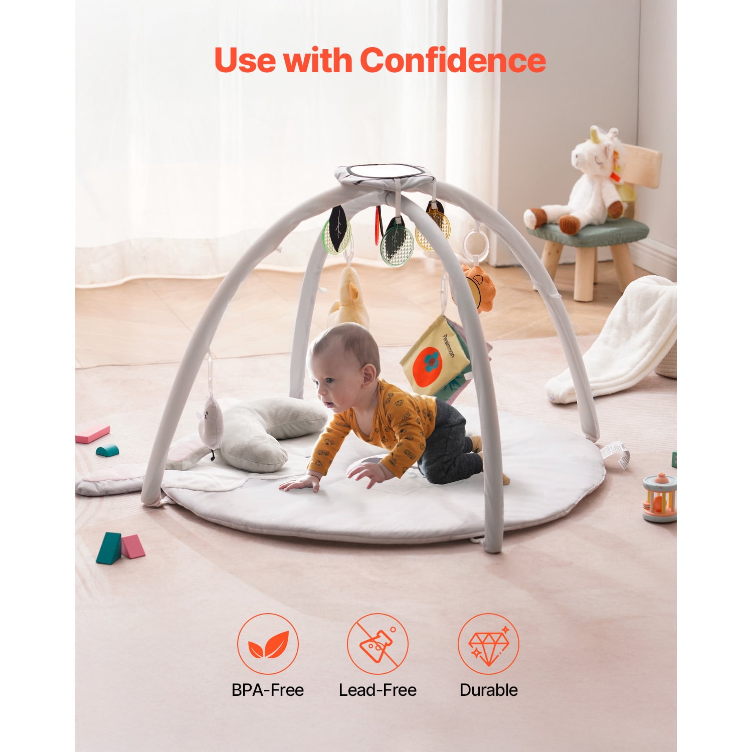 KFFKFF Infant Play Mat,Belly Time Mat with 5 Interactive Toys,Infant Activity Mat with Illuminated Melodic Duck Toy for Ages 0-18 Months,Essential Infant Present