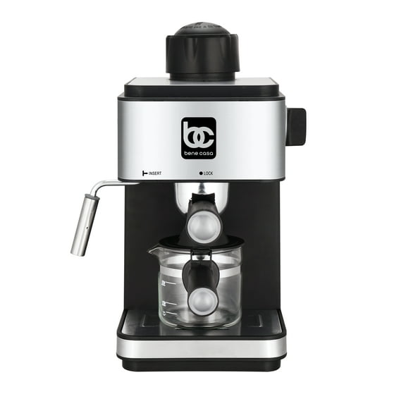 Bene Casa Deluxe Stainless Steel & Black 4-Shot Steam Espresso, Cappuccino, and Latte Maker