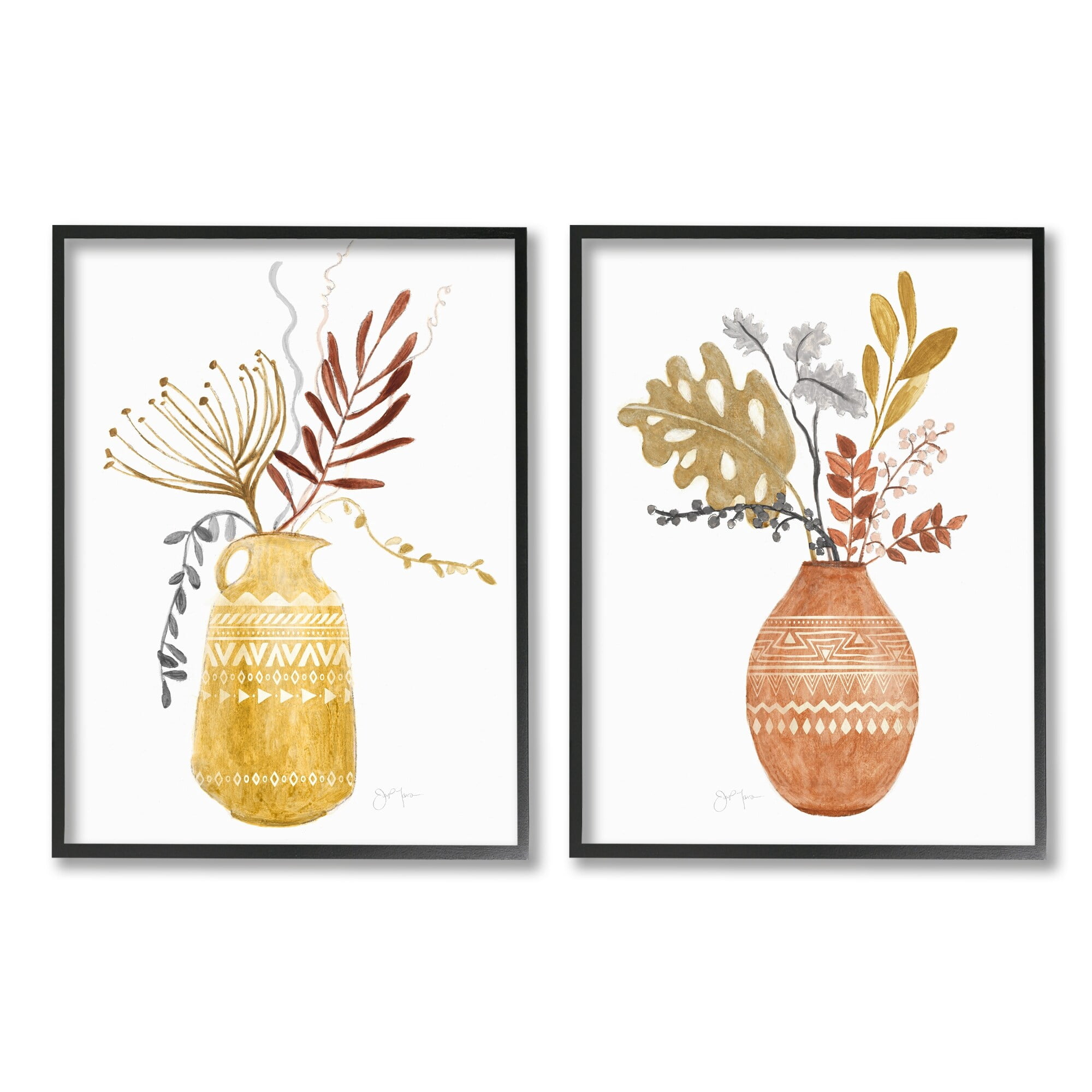 Stupell Industries Boho Wildflower Botanical Arrangements Aztec Patterned Vases,16 x 20, Design by Tava Studios