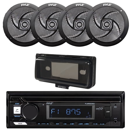 Pyle PLMRB29B2 Single DIN Marine USB Bluetooth AM/FM MP3 Stereo Receiver w/Cover 4x 5.25 180W Max 2-Way Waterproof Low Profile Slim Style Boat Black Speakers