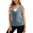 thumbnail image 4 of INSPIRE CHIC Women's Vest Denim V Neck Patch Pockets Button Down Sleeveless Jean Jacket S Blue Grey, 4 of 6