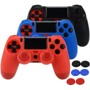 ASIV Silicone Protective Skin Cover Non-Slip for PS4 Controller x 3 (Black + Red + Blue) + Thumb Grips Attachments x 6