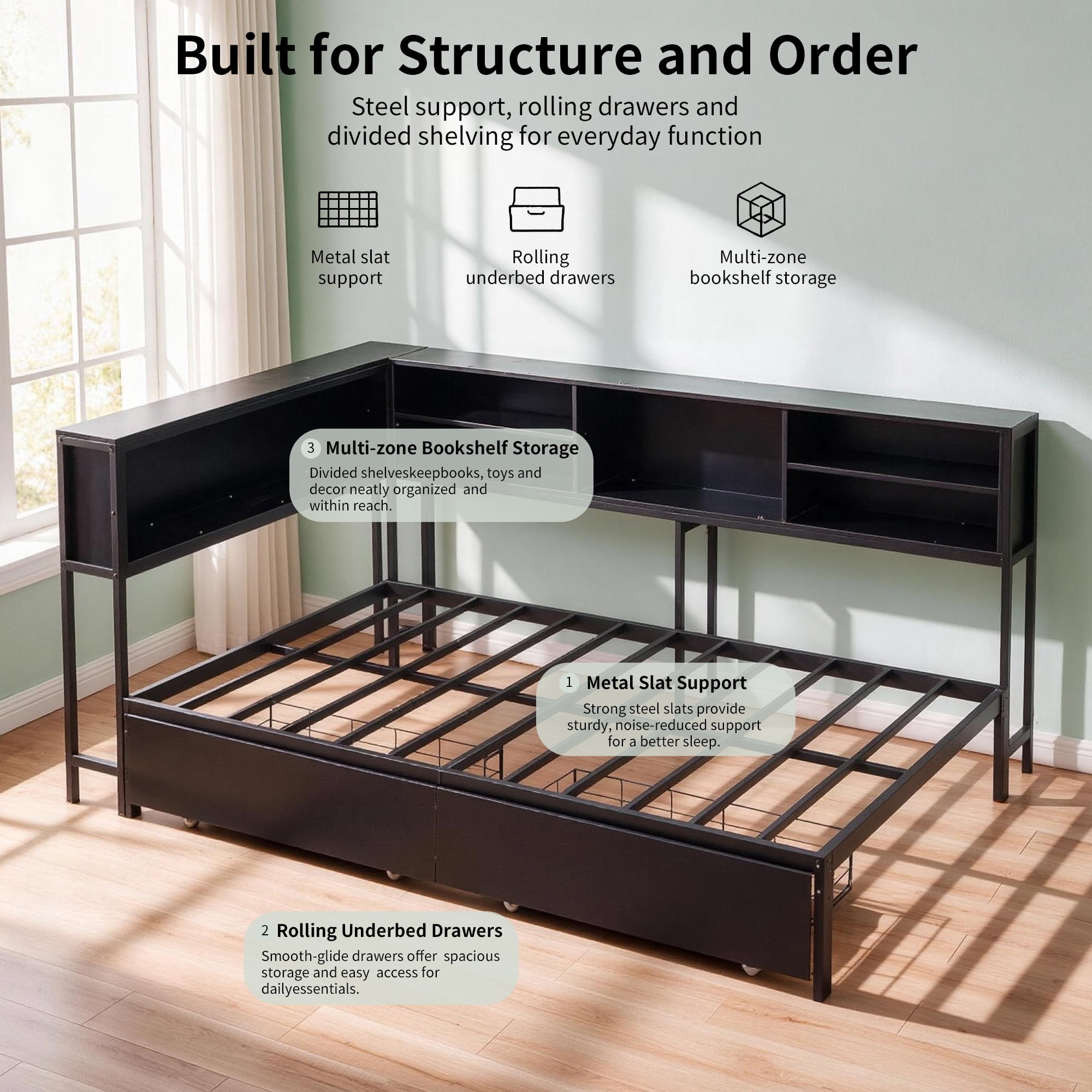Leumius Corner Bed Frame with Storage Bookcase, Twin Daybed with LED Lights & 2 Drawers, Metal Platform Bed with Headboard and Charging Station for Bedroom Guest Room Black