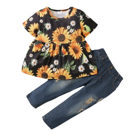 

Kucnuzki 2T Baby Girl Summer Outfits Pants Sets 3T Short Sleeve Sunflower Prints Ruffled Layer Cozy Tops Elastic Ripped Denim Pants 2PCS Set Black