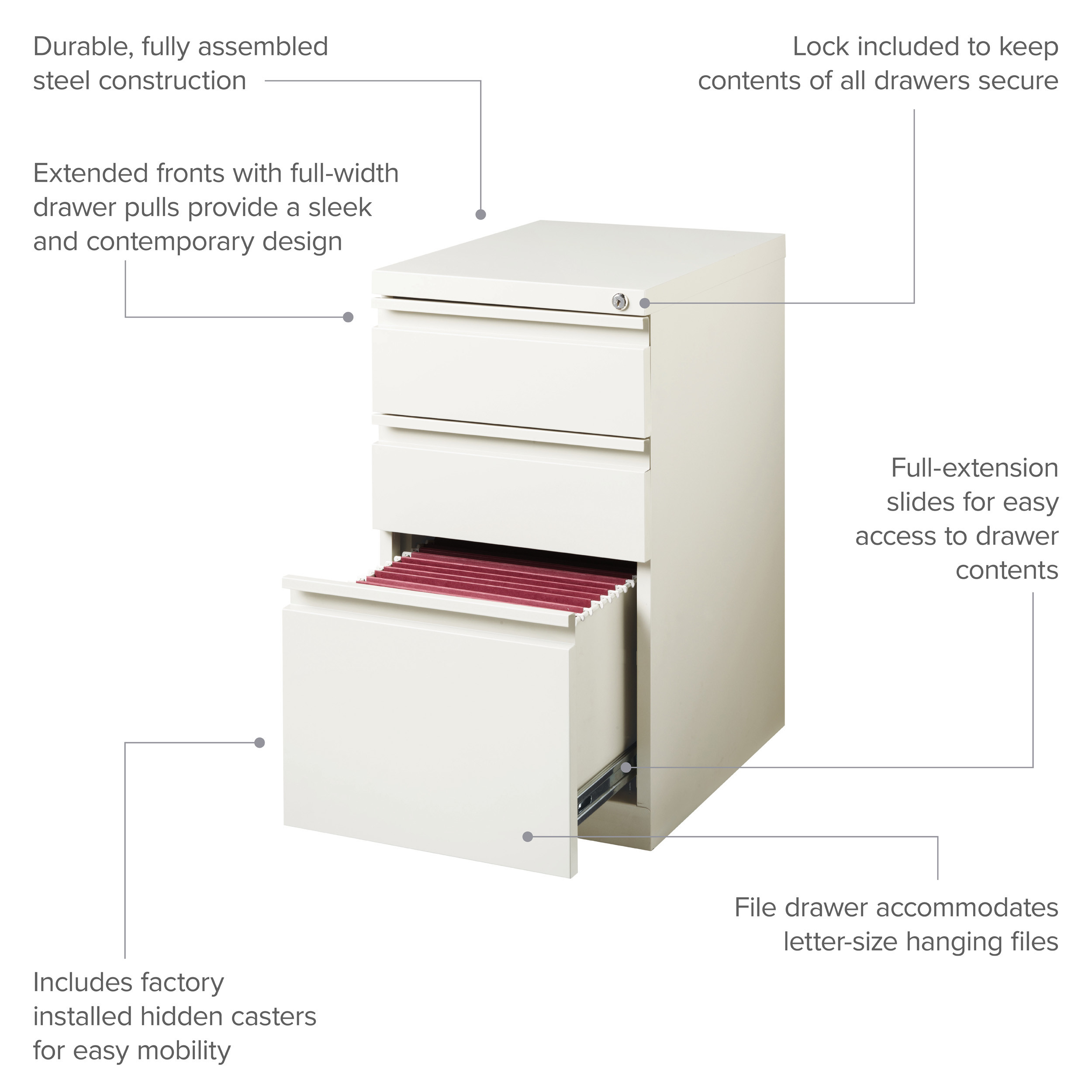 Hirsh 20" Deep Mobile Pedestal File Cabinet 3 Drawer Box-Box-File, Letter Width, White - image 3 of 15